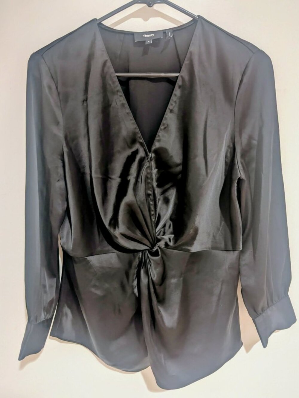Theory Black Soft Satin Twist Front Blouse Size 8